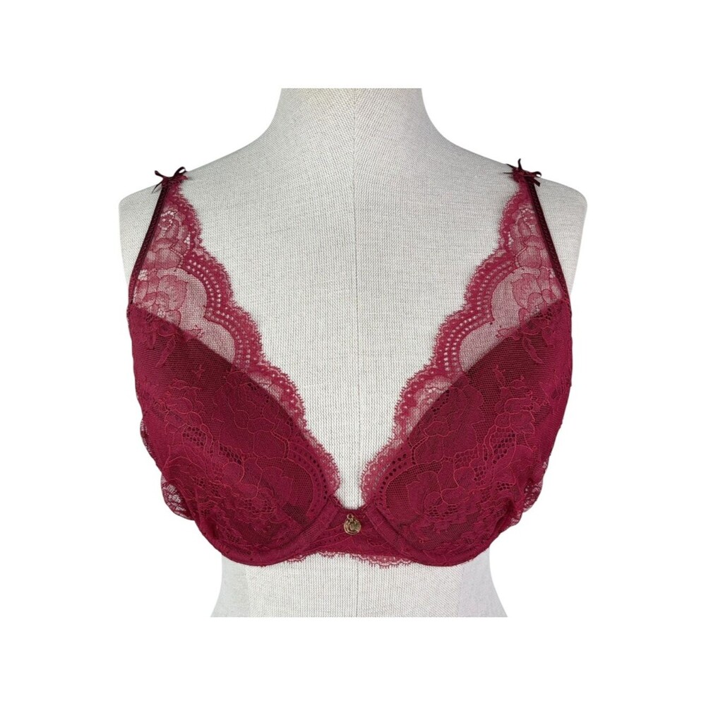 Chantelle Presage Lace Bra sz 36DD * Maroon Burgundy Red Plunge Front Floral